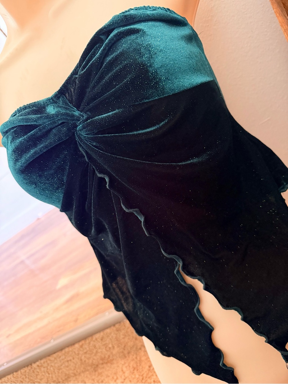 Papermoon Emerald Green Velvet Glitter Strapless Top Twist Front Lettuce Hem Y2K